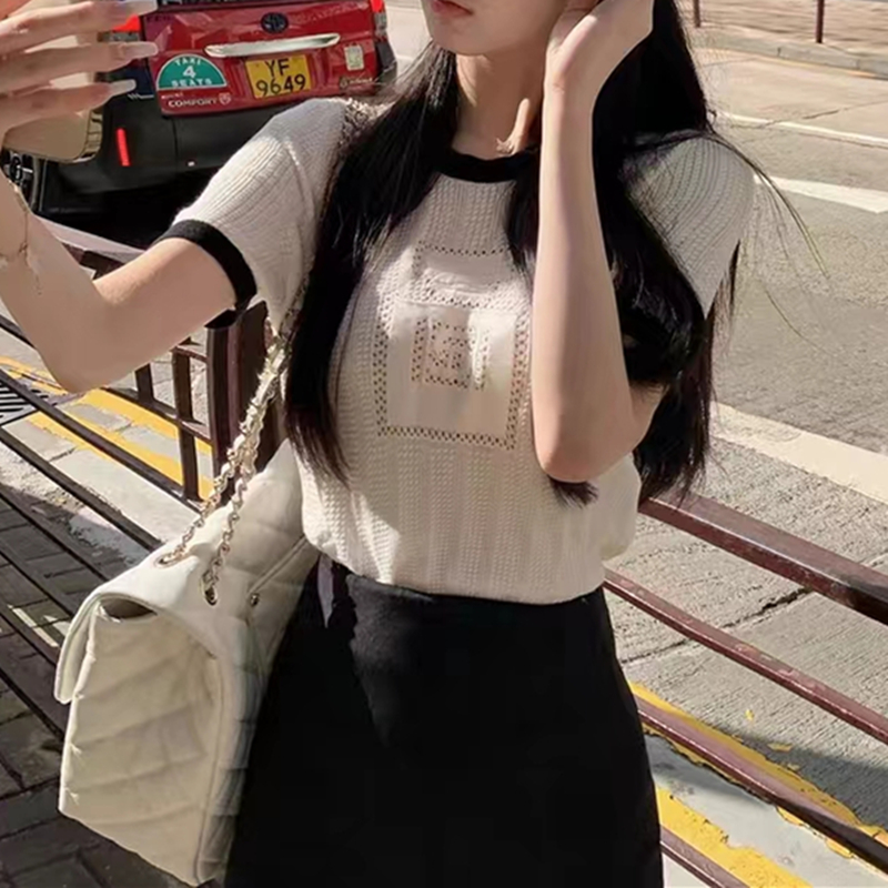 Digital Hollow Contrast Color Knitted Sweater Short Sleeve T-Shirt Women's Spring and Summer New Style Fashionable Round Neck Short Top
