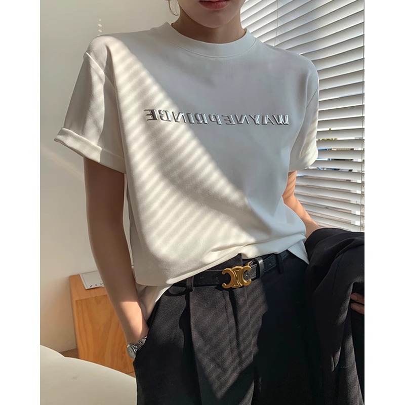 韓國時尚新款100%棉 21支210g 立體字母短袖T恤女夏季