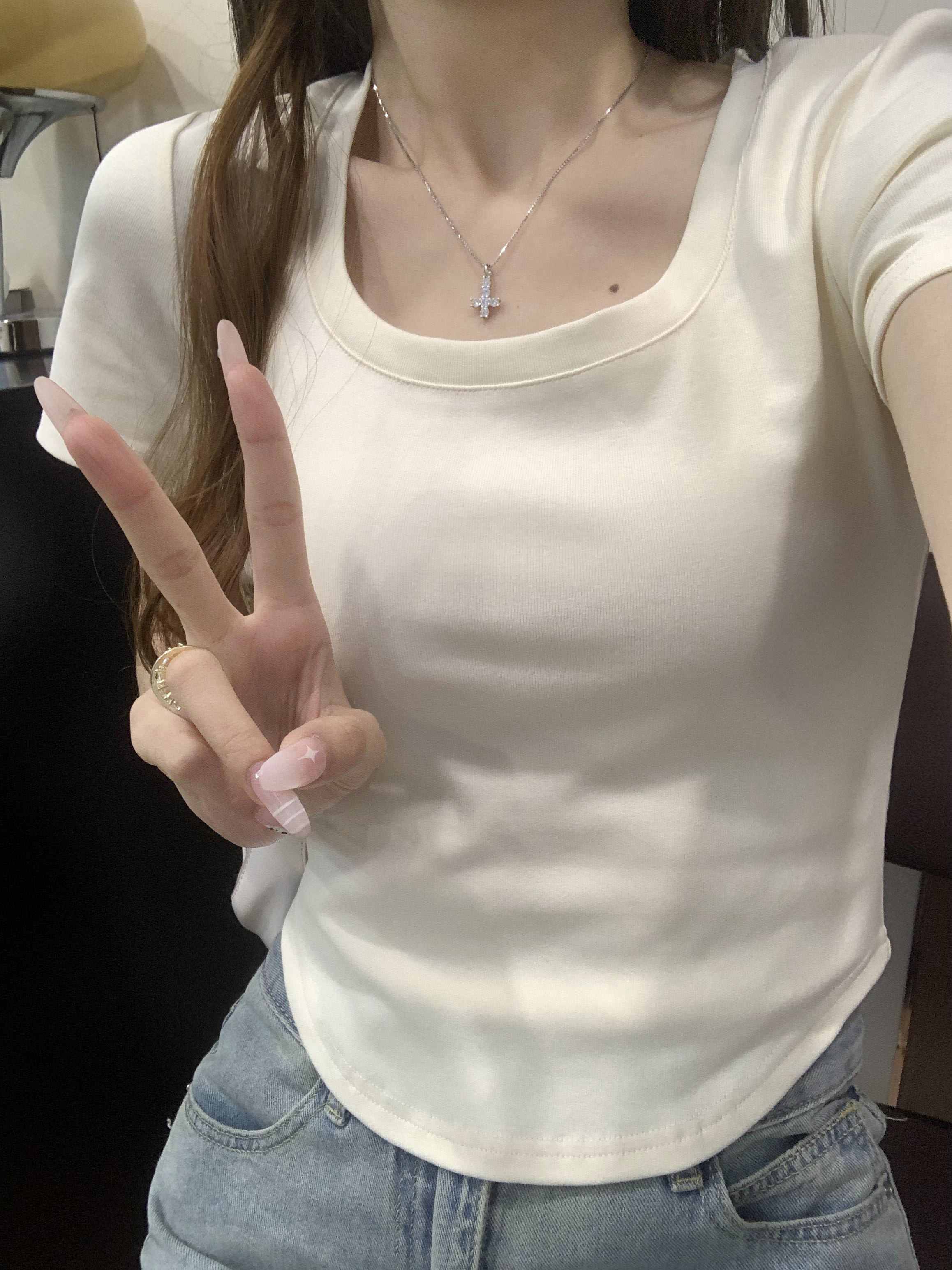 純棉 設計感U領短袖T恤女夏季港味chic辣妹修身顯瘦短款上衣服潮