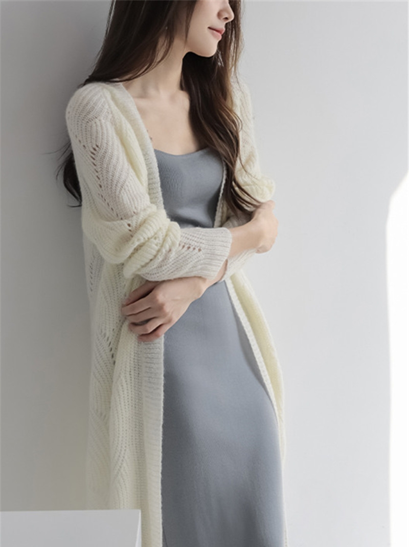 South Korea's Dongdaemun Mohair Hollow Knitted Cardigan Women's Autumn Style Loose Green French Lazy Mid-Length Style