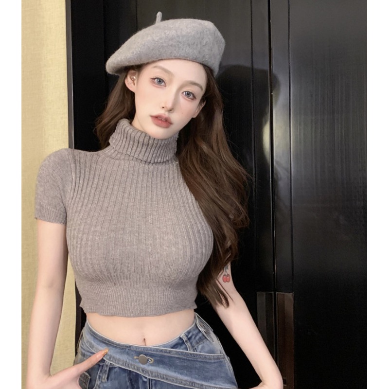 直播衣服女主播高領包芯紗針織衫上衣女2024新款甜辣妹短款毛衣春