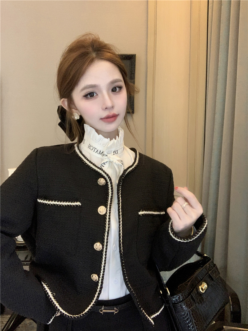 實拍~2024春季新款小香風黑色短外套小個子設計感洋氣上衣女