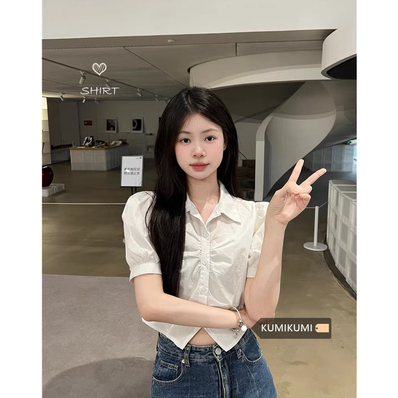 短袖襯衫女短款設計感小眾白色褶皺不規則襯衣夏季高級感別致上衣