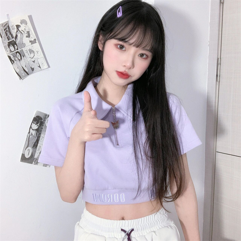 6535棉魚鱗 短款衫短袖t恤女原宿風設計感小眾港味甜辣妹露臍上衣