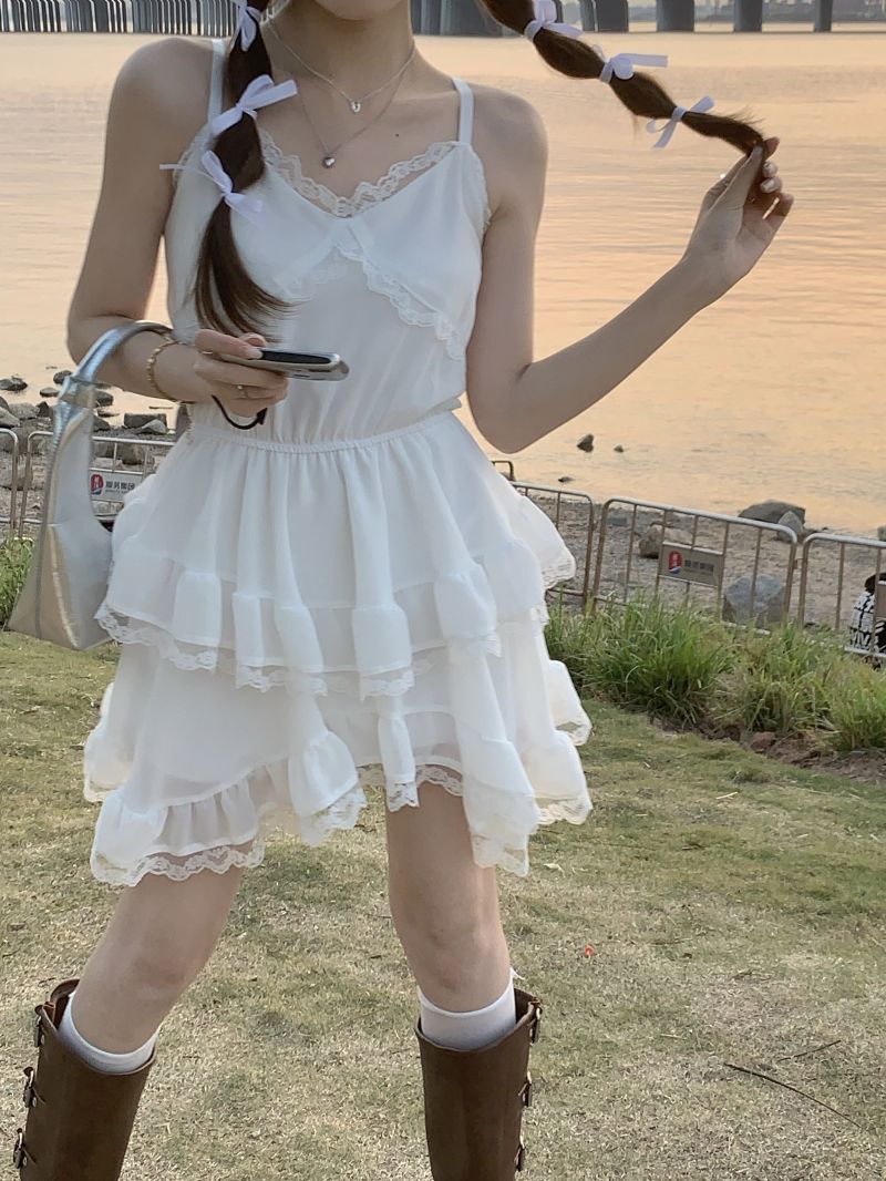 實拍小個子不規則蕾絲拼接連衣裙女春夏內搭別致吊帶裙女