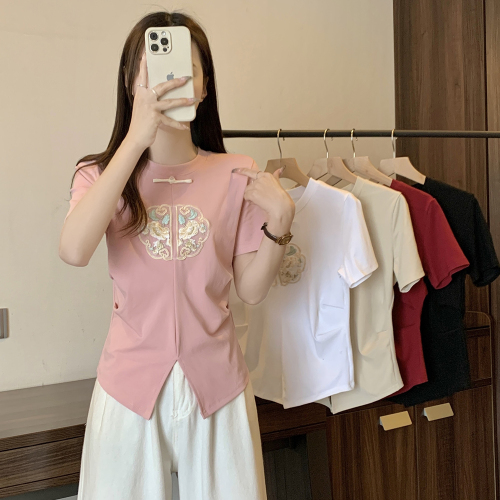 Actual shot of 2024 summer plus size women's T-shirt new Chinese style new Chinese embroidered short-sleeved top