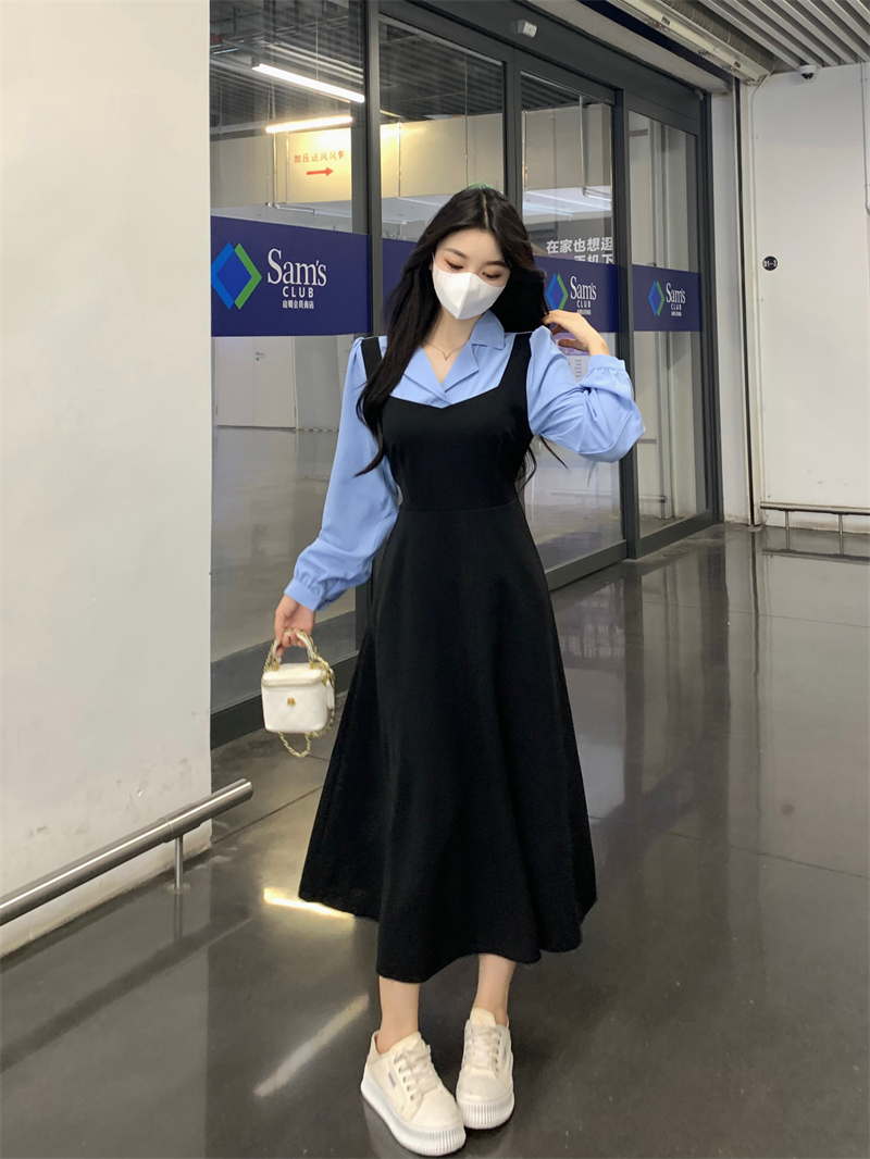 春秋撞色拼接假兩件收腰系帶A字長袖連衣裙女