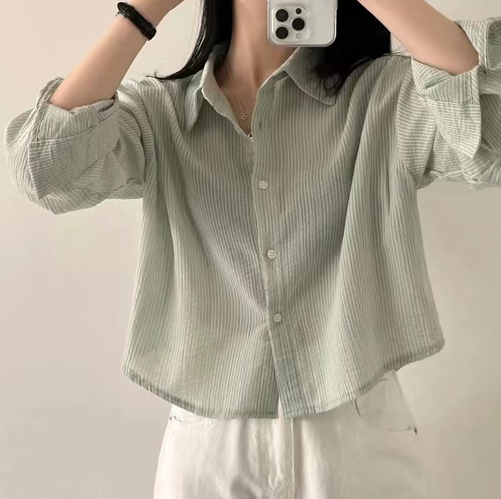 韓國chic藍色小條紋襯衫設計感小眾2024新款長袖防曬襯衫女