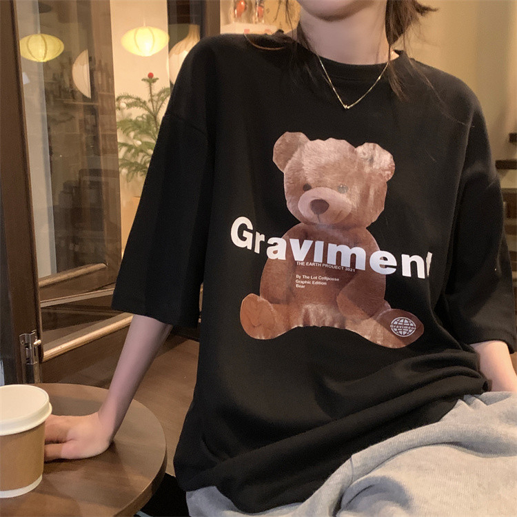 短袖t恤女夏季含棉寬鬆韓版ins超火白色小熊圓領上衣服