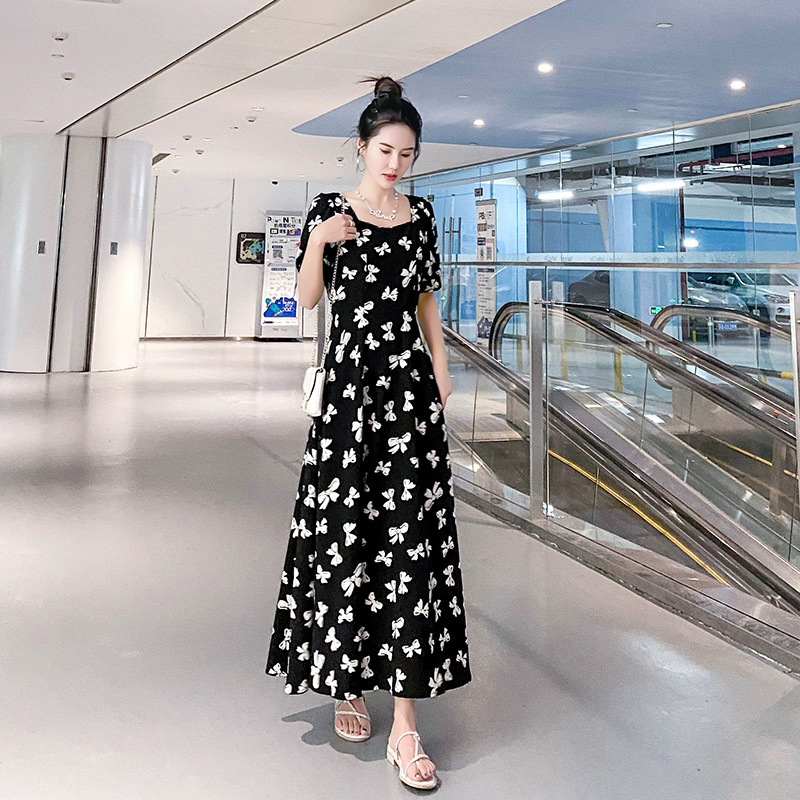 Korean style puff sleeve floral bow square neck slim fashion chiffon short sleeve mid-length dress summer new style