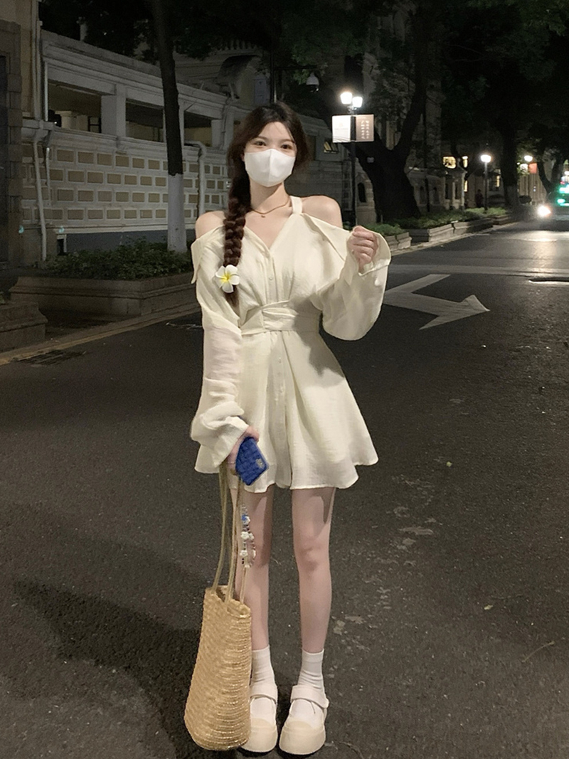溫柔穿搭韓版時尚氣質設計感掛脖襯衫連衣裙短褲帶雪紡內里兩件套