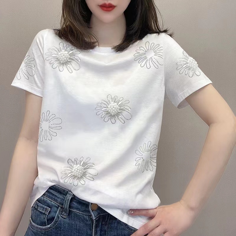 洋氣鑲鑽印花圓領短袖t恤夏季時尚小眾百搭休閒寬鬆顯瘦套頭上衣