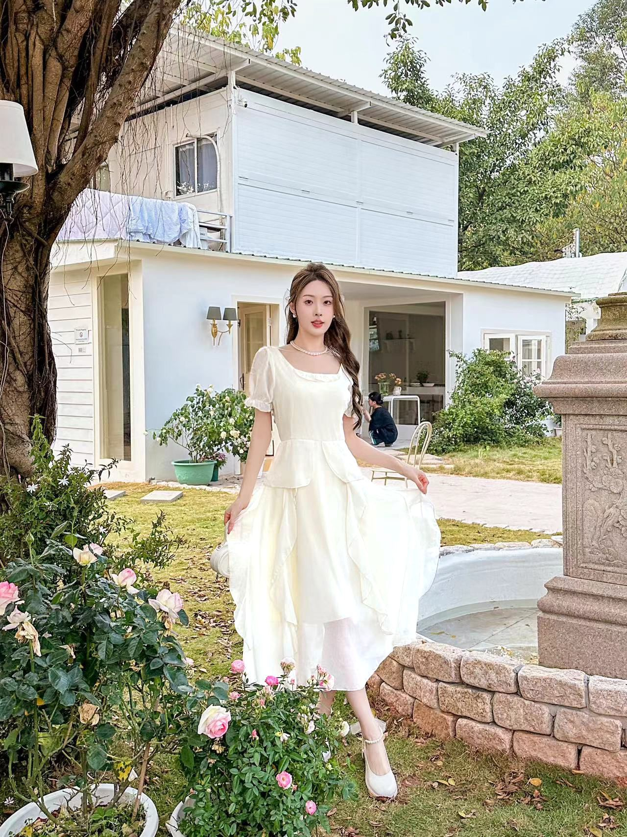 溫柔風桔梗奶甜長裙子法式收腰藝術高級感方領泡泡袖網紗連衣裙女