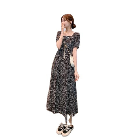Korean style puff sleeves, floral square collar, slim and fashionable, fresh chiffon short-sleeved mid-length dress, new summer style