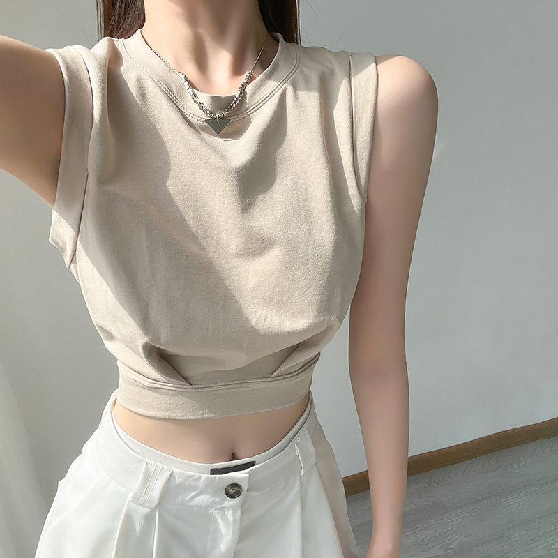 毆美辣妹純色圓領無袖背心女夏季寬鬆百搭顯瘦高腰短款運動上衣女