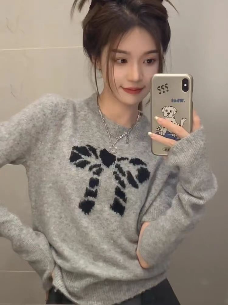 蝴蝶結灰色袖套毛衣女秋冬內搭小眾別致獨特溫柔系韓系針織衫上衣