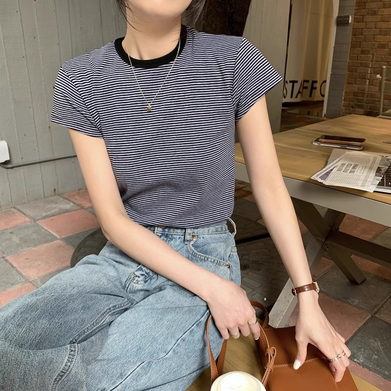 2024年夏季新款韓版百搭修身顯瘦條紋短袖T恤女休閒體恤緊身上衣