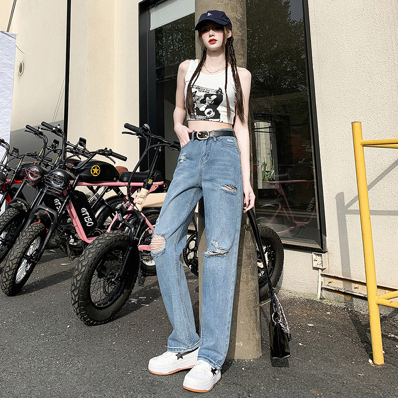 實拍2024春夏網紅新款直筒牛仔女寬鬆垂感闊腿破洞托地褲