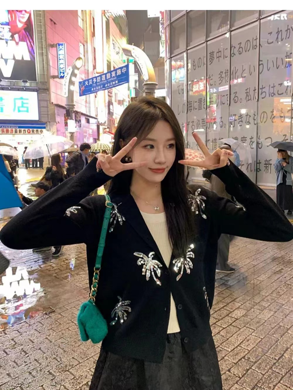 黑色亮片繡花重工毛衣開衫外套女春秋美拉德小個子短款針織上衣潮