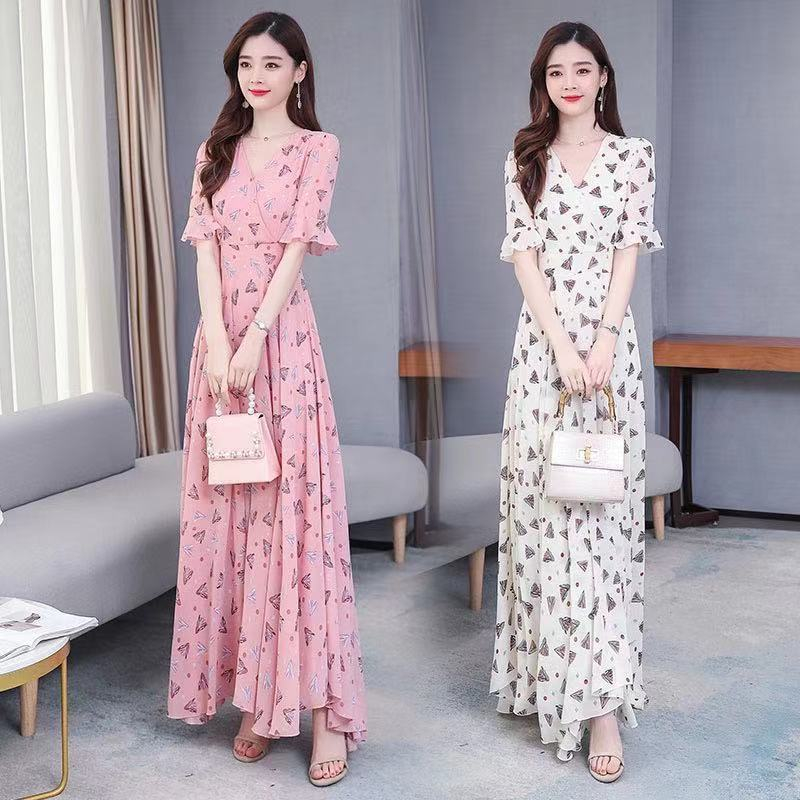 Irregular new short-sleeved women's floral new dress summer chiffon long skirt v-neck high waist covering belly slimming skirt