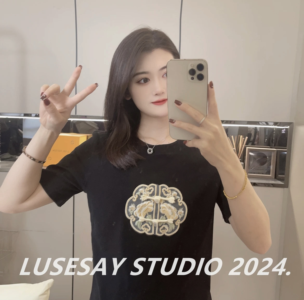 早春2024新款 刺繡新中式針織短袖T恤女修身顯瘦百搭國風上衣
