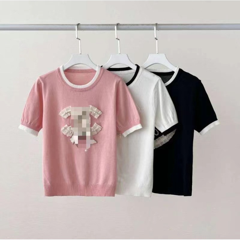 重工刺繡珍珠蝴蝶結短袖針織衫女夏季洋氣顯瘦打底衫時髦冰絲上衣