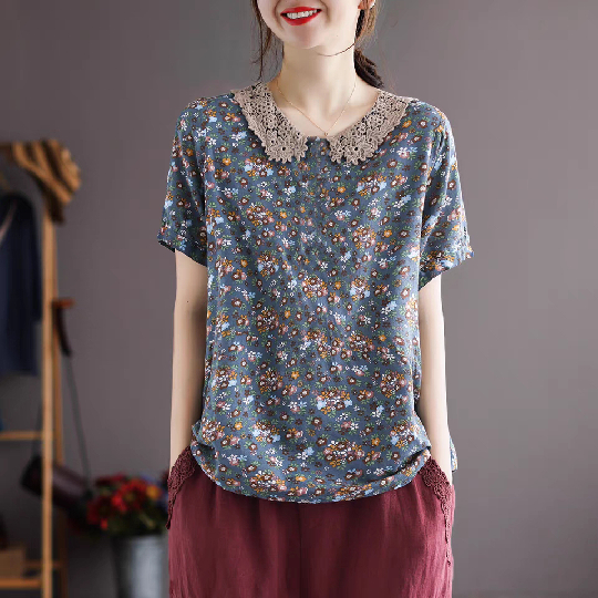 Cotton 2024 retro floral short-sleeved T-shirt women's summer lace splicing loose pullover T-shirt