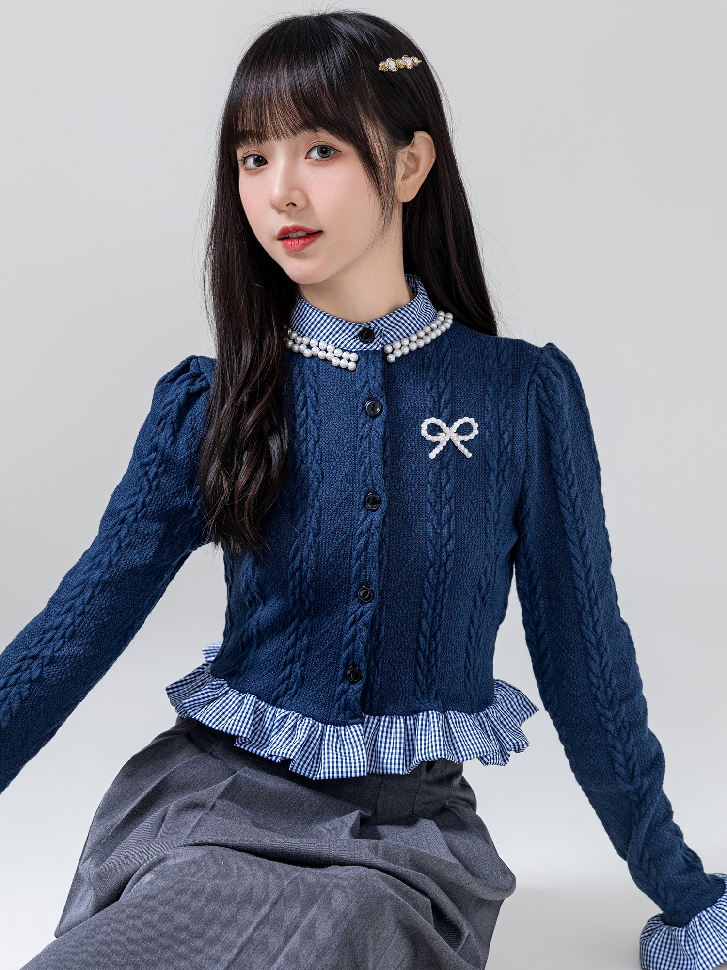 小香風假兩件毛衣開衫女拼接釘珠針織開衫學院風減齡長袖針織上衣