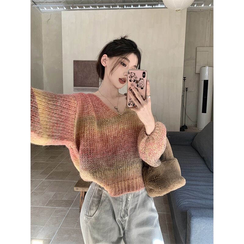 復古甜美套頭V領撞色漸變慵懶風寬鬆毛衣秋季顯瘦長袖針織衫上衣