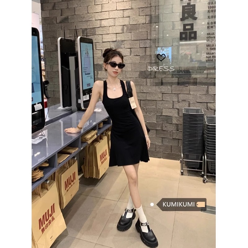 kumikumi性感辣妹後背鏤空背心連衣裙女春季收腰顯瘦A字裙短裙子