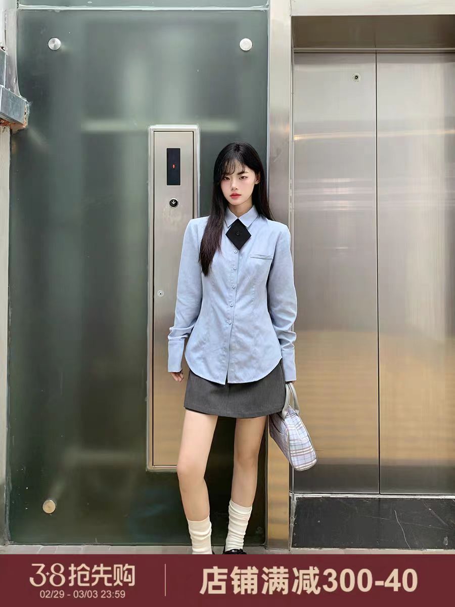 小仙倪子藍色襯衫女2024新款春款法式獨特設計感上衣小衫長袖襯衣