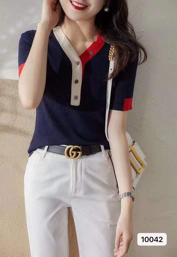 夏季新款復古港風V領紐扣拼色百搭短袖上衣女