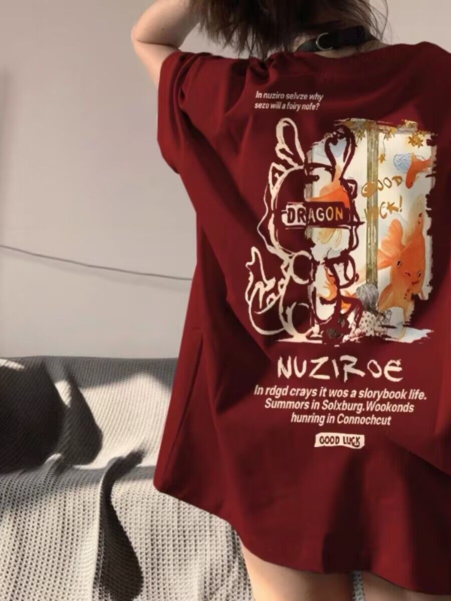 ins酒紅色純棉短袖t恤女夏季2024新款設計感小眾洋氣獨特别致上衣
