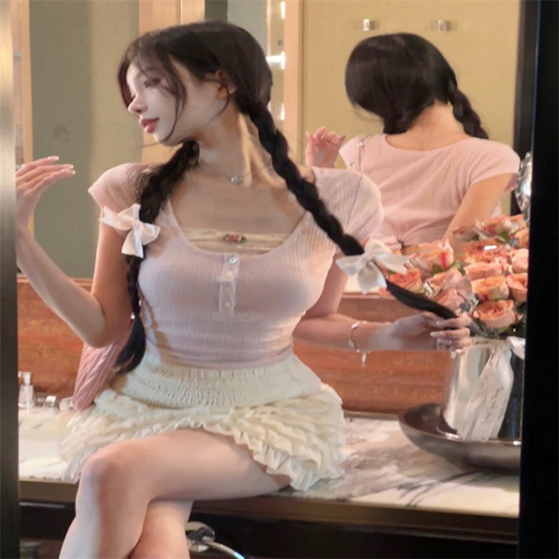 芭蕾風露鎖骨上衣法式短袖女夏季新款減齡漂亮洋氣小衫小個子T恤