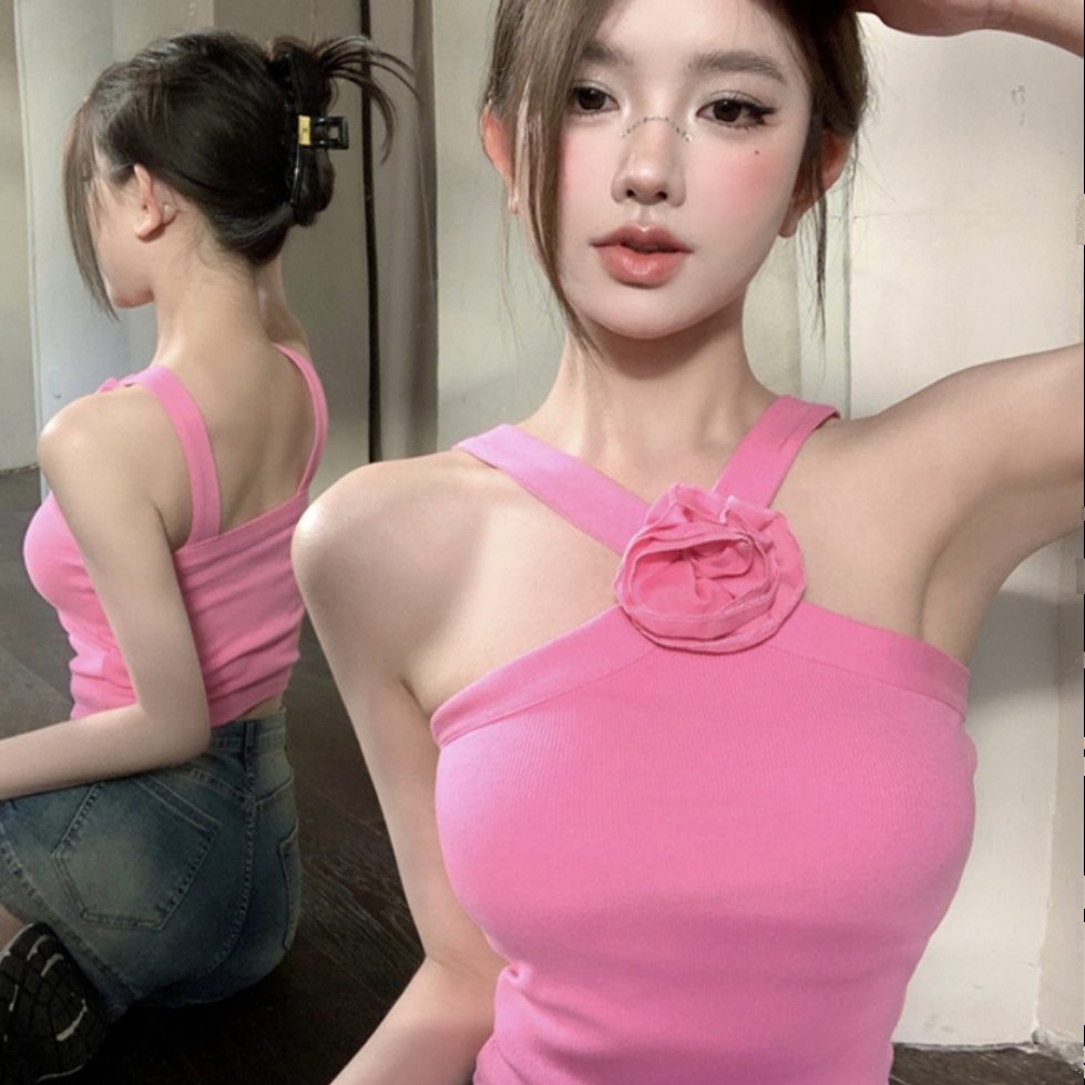 Pink flower camisole for women in autumn sweet hottie off-shoulder sexy inner wear short bottoming shirt top outer wear