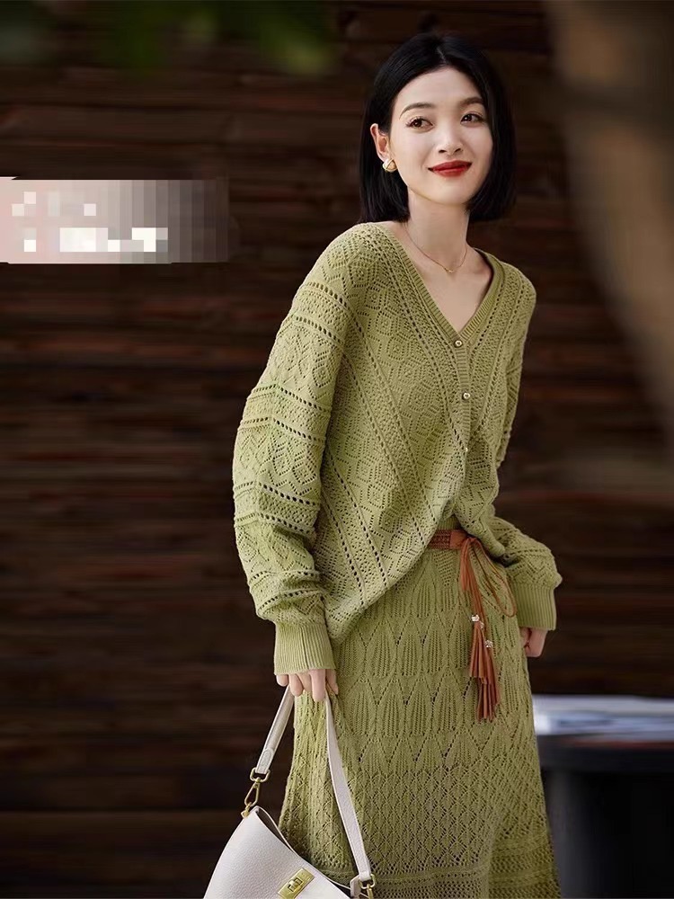茶系穿搭網紅休閒套裝女針織開衫高腰半身長裙兩件套連衣裙女