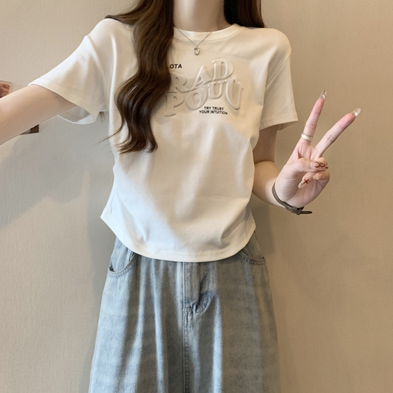 實拍 40支純棉 2024夏裝發泡印花設計感小眾短袖T恤女