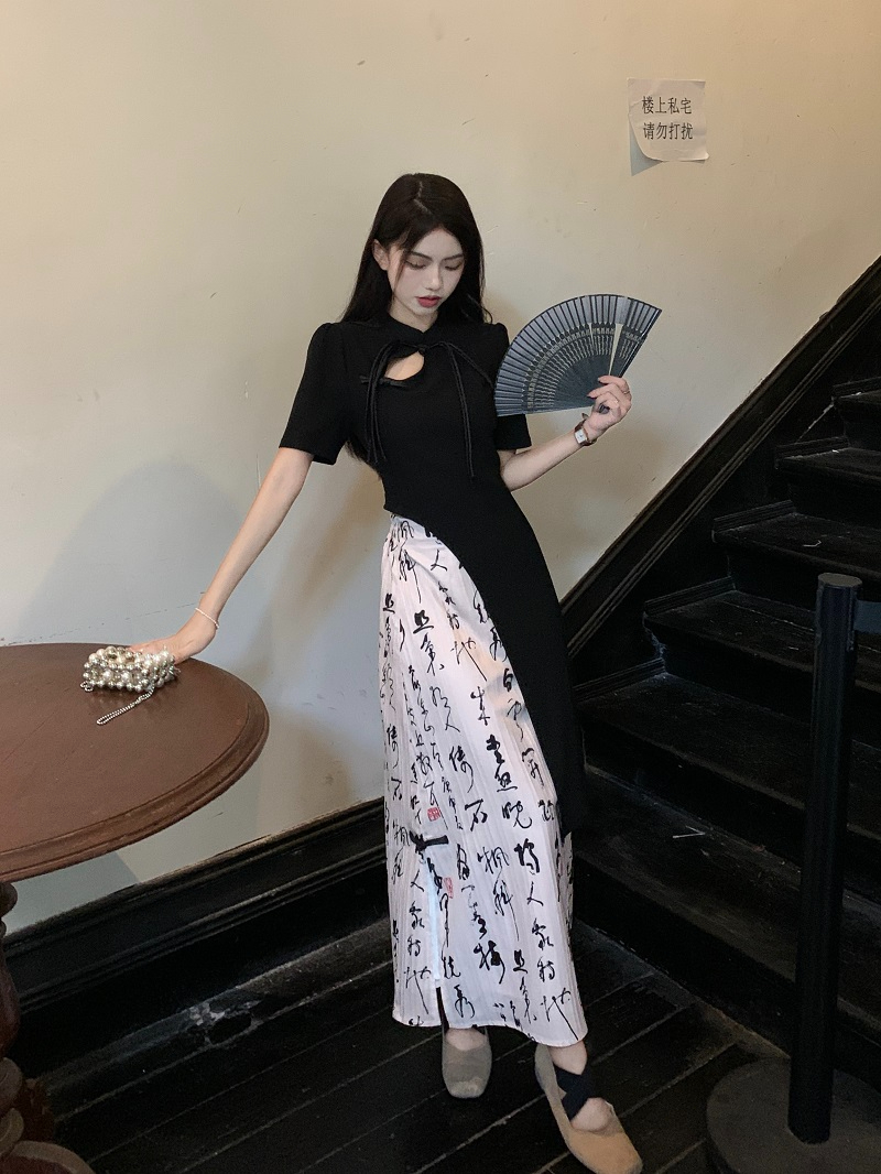 新中式國風設計感半身裙夏季2024新款不規則收腰復古T恤女套裝潮