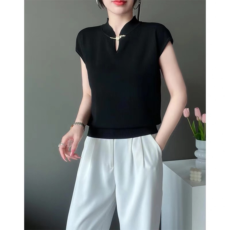 National style simple hollow cheongsam collar gold button knitted short-sleeved shirt 2024 new solid color slimming temperament t-shirt top