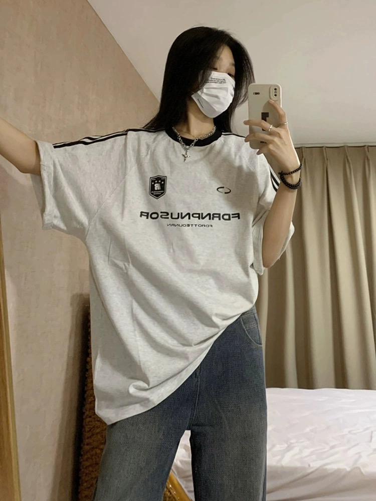 美式灰色條紋短袖t恤女2024新款夏季潮牌設計感小眾半袖上衣