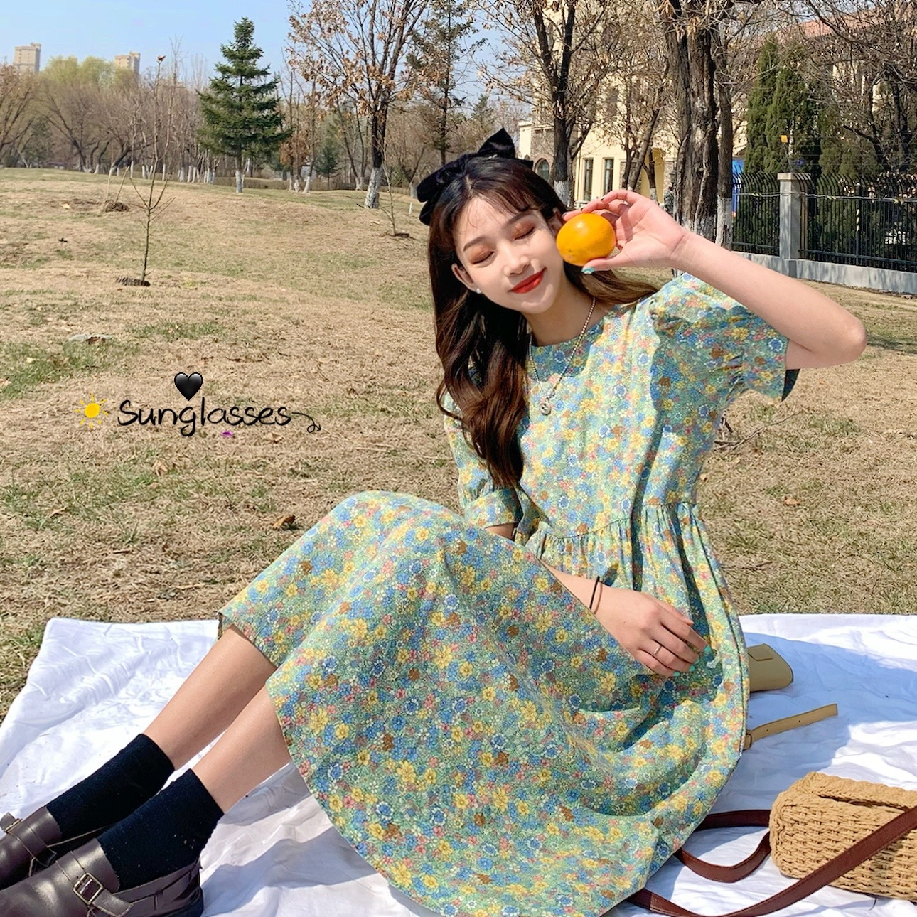 小雛菊中長款碎花連衣裙女裝夏季泡泡袖半身裙短裙子A字裙長裙子