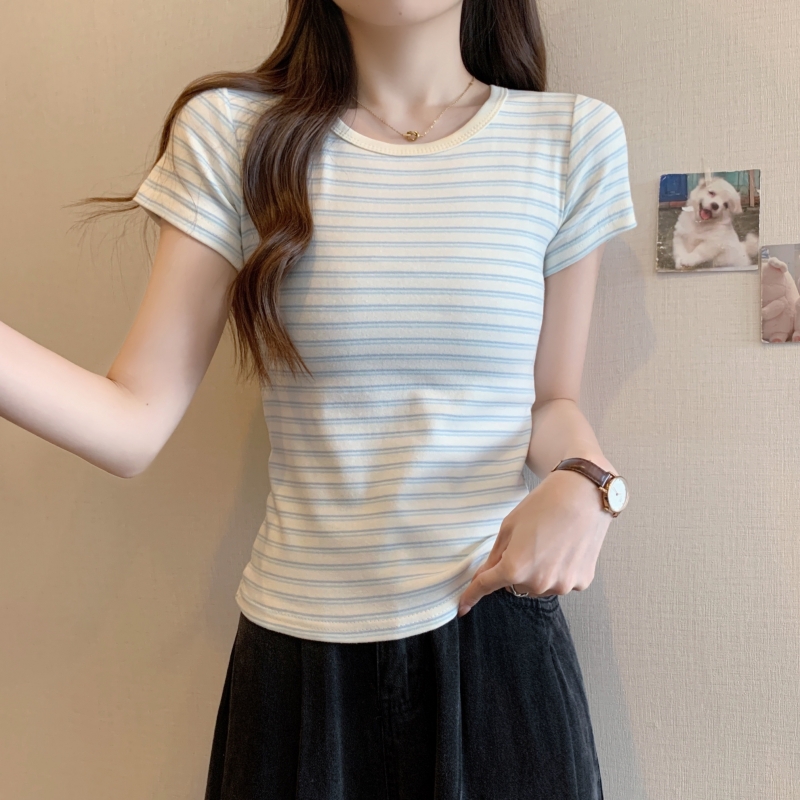 實拍  40支純棉 2024夏裝條紋短袖T恤女修身顯瘦上衣