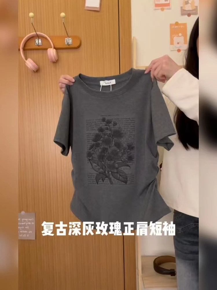 ins超火短款修身百搭套頭上衣女夏季圓領時尚印花顯瘦氣質短袖T恤