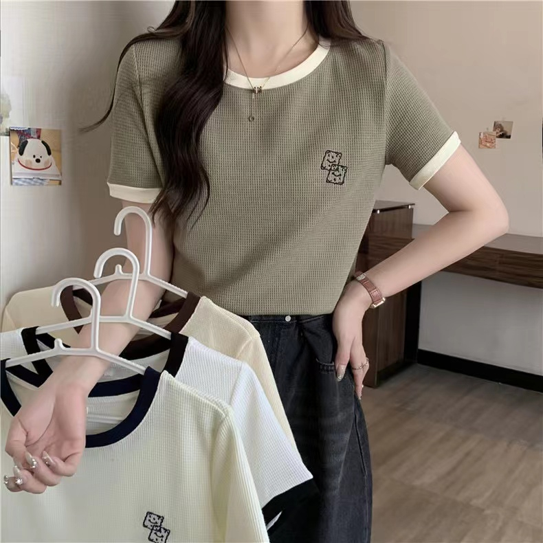 首發實拍6535棉華夫格款撞色正肩短袖T恤女