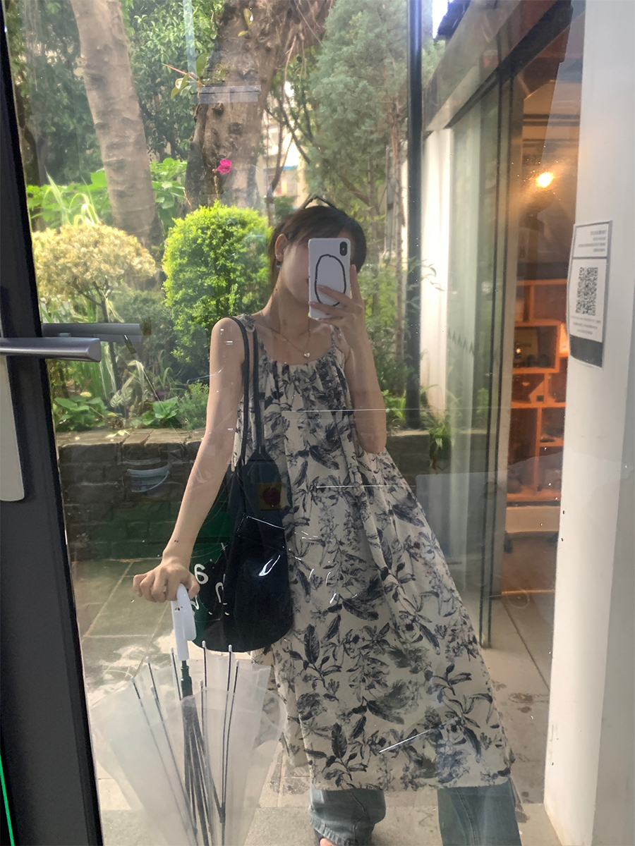 水墨印花吊帶裙沙灘裙夏季女復古碎花連衣裙中長款裙子