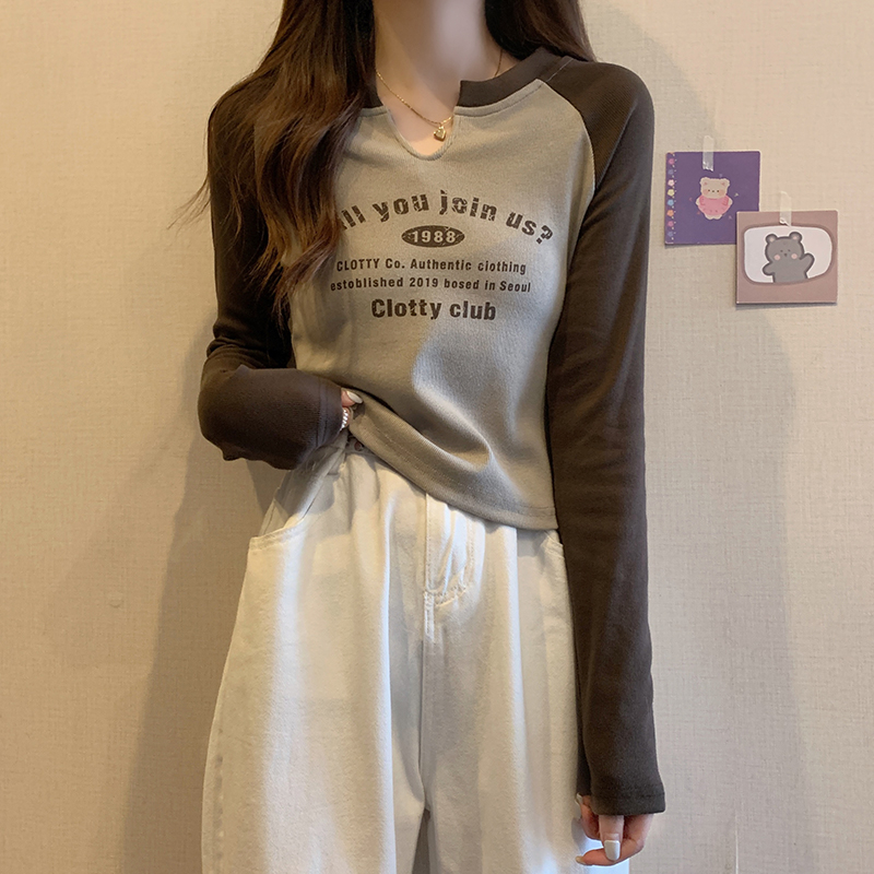 實拍純棉打底衫女圓領春秋修身短款插肩袖潮薄款上衣長袖t恤