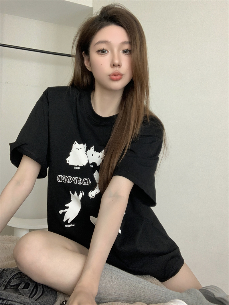 實拍 春夏甜美可愛減齡寬鬆卡通貓印花墊肩短袖T恤女上衣潮
