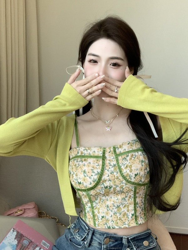實拍    復古性感碎花吊帶小背心＋V領針織防曬長袖開衫