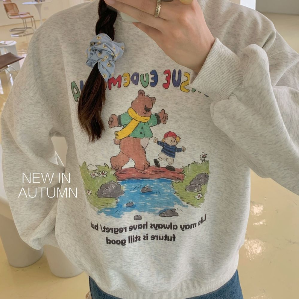 休閒薄款卡通印花氣質圓領衛衣學院風百搭減齡趣味加絨上衣韓版