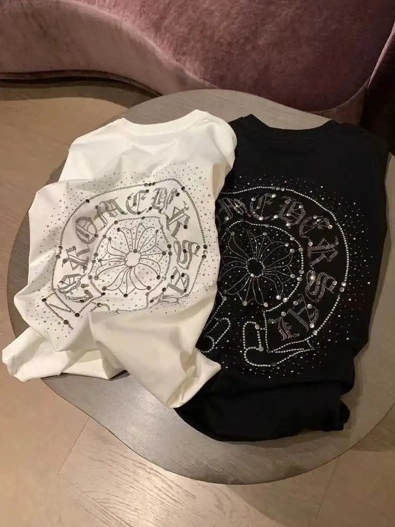 早春十字架後背馬蹄梵文燙鑽圓領短袖T恤女寬鬆設計感時尚上衣ins